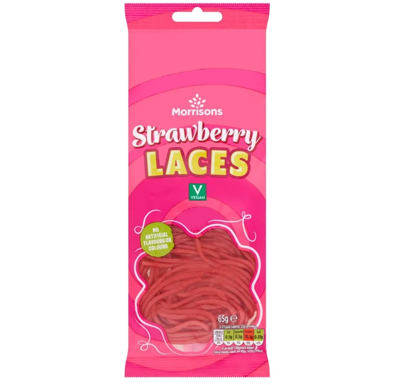 Strawberry Laces – Morrisons – 65g – British Strawberry Sweet Cables