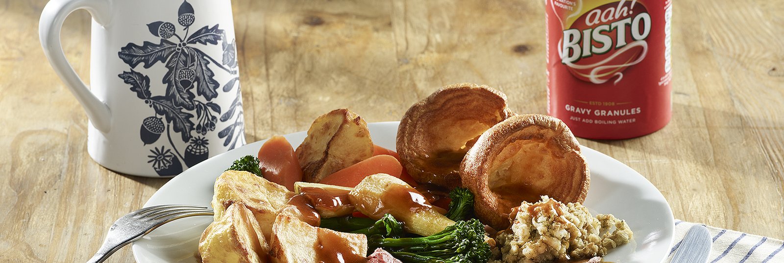Bisto gravy with roast dinner and Yorkshire pudding