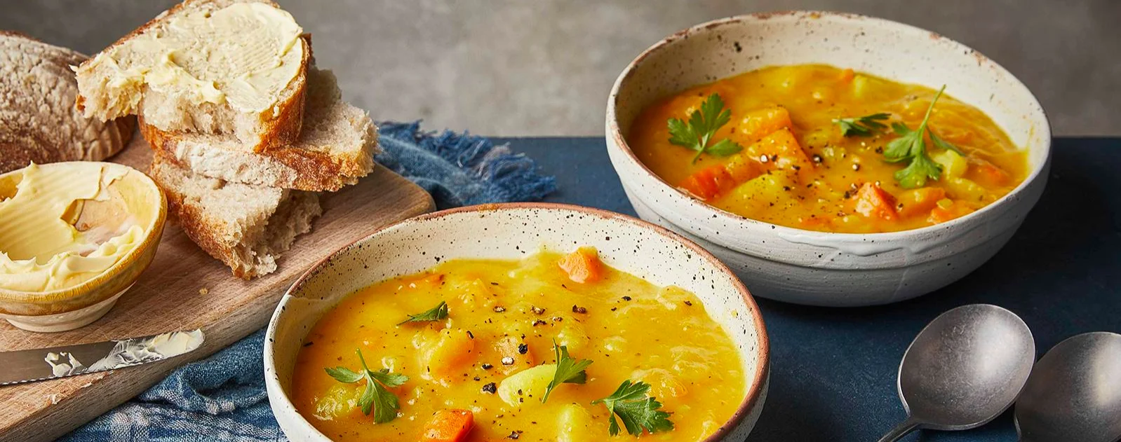 British vegetable soup with bread and butter – classic UK comfort food